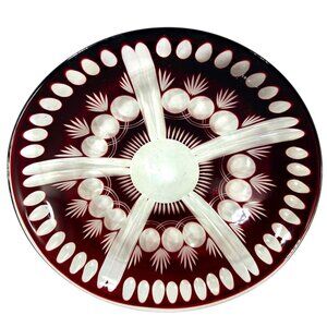 Vtg Czech Bohemian Ruby Red Bowl Hand Cut to Clear Coin Dot Intricate Etched 9"